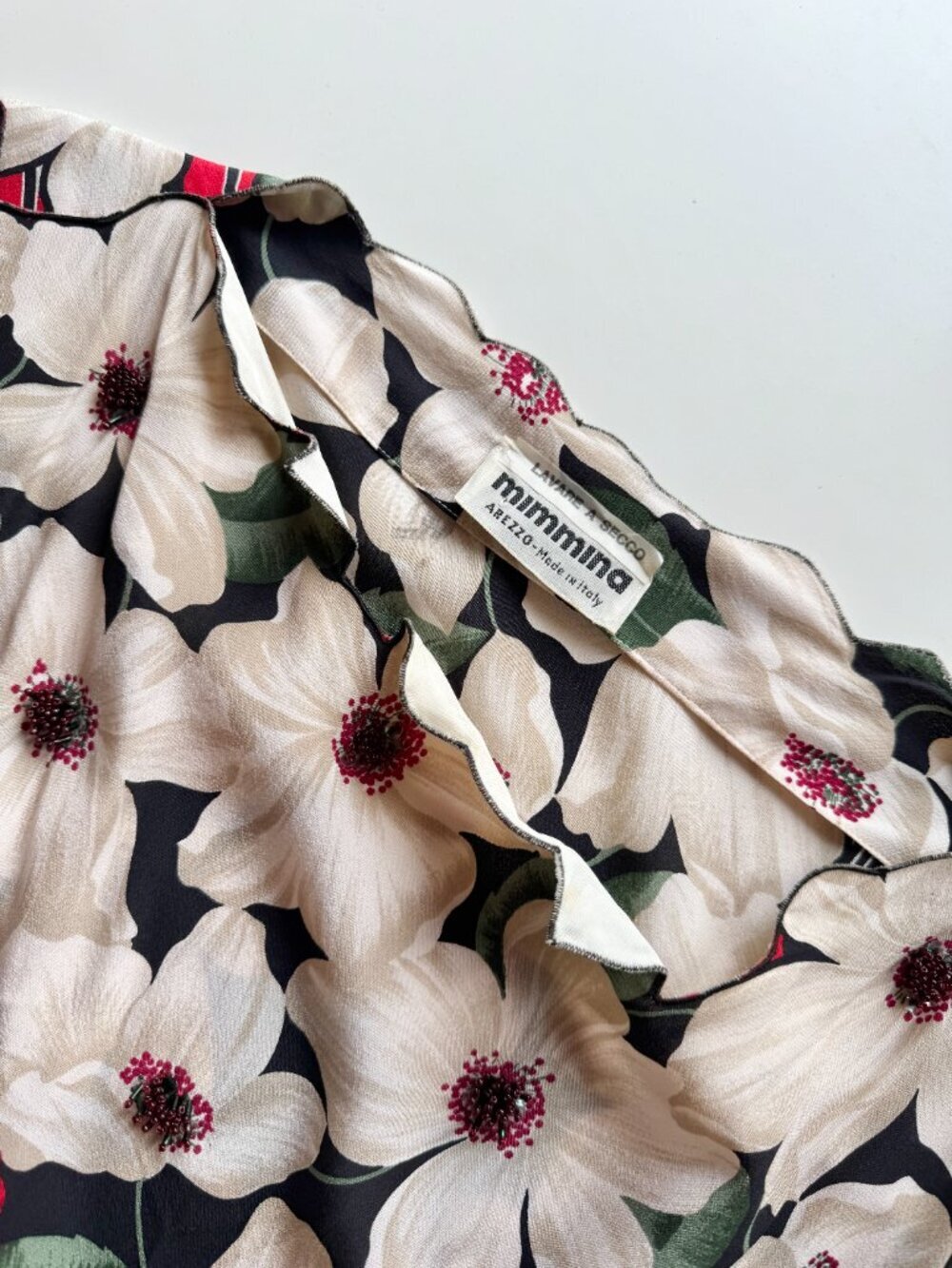 Vintage 80's MIMMINA Ivory Red Floral Striped Beaded Silk Crepe Dress, Size S - Picture 7 of 15